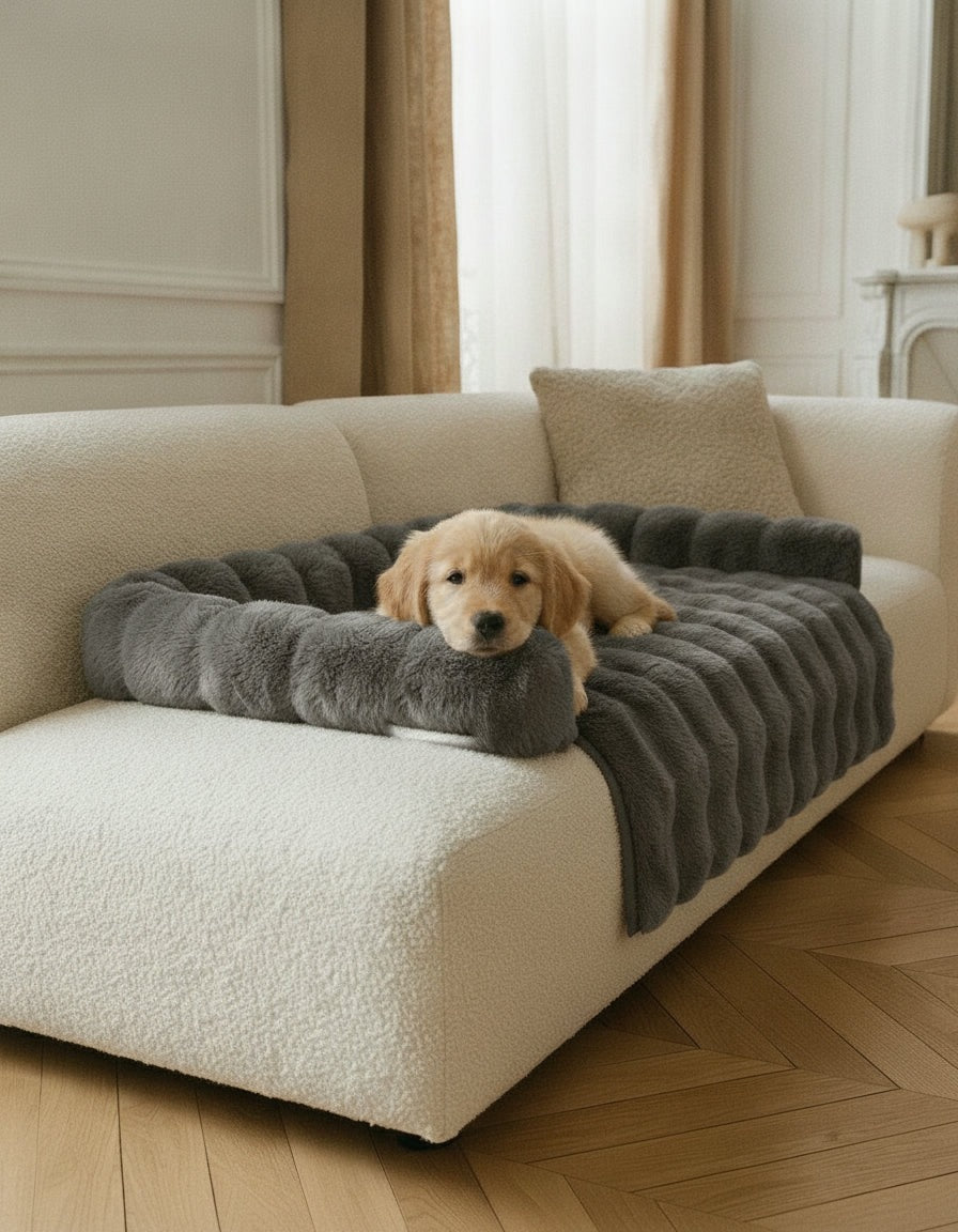 Chiot golden retriever sur la couverture grise