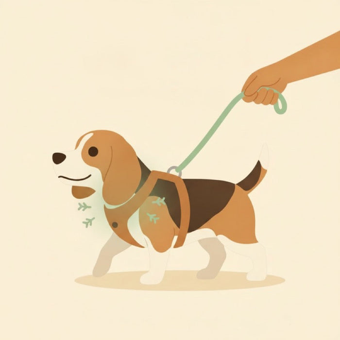 Le même beagle avec le harnais en Y : la traction passe par le poitrail