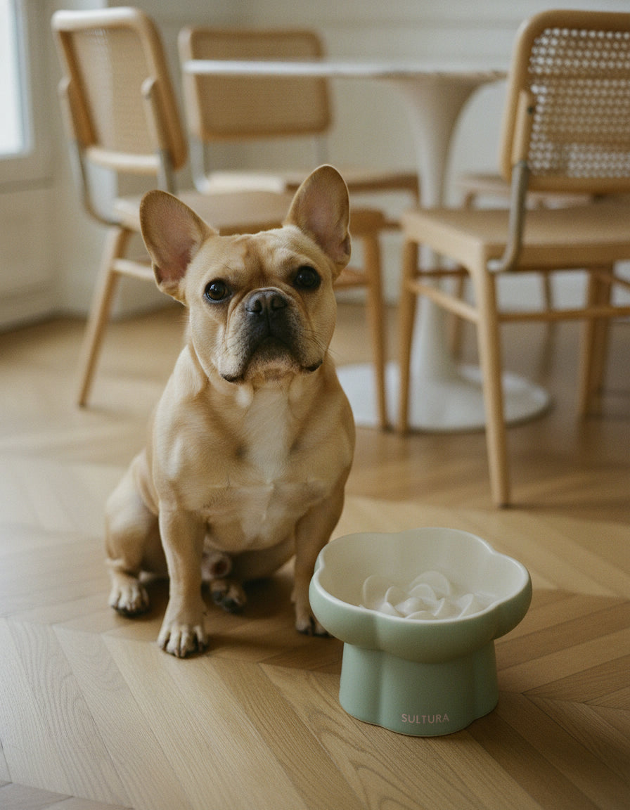 Bouledogue français avec la gamelle Fleur dans une salle à manger