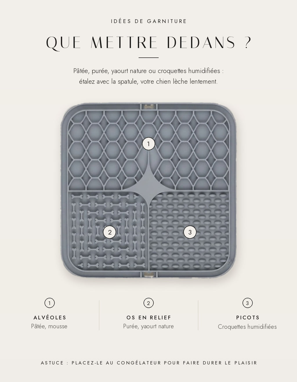 Idées de garniture du tapis de léchage : pâtée, purée, yaourt nature, croquettes humidifiées