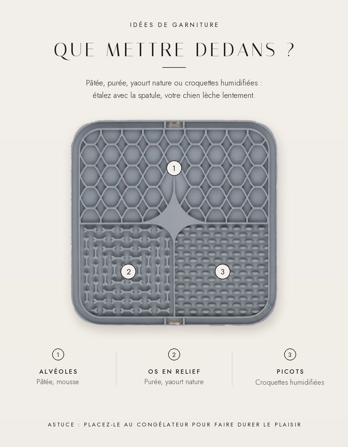 Idées de garniture du tapis de léchage : pâtée, purée, yaourt nature, croquettes humidifiées