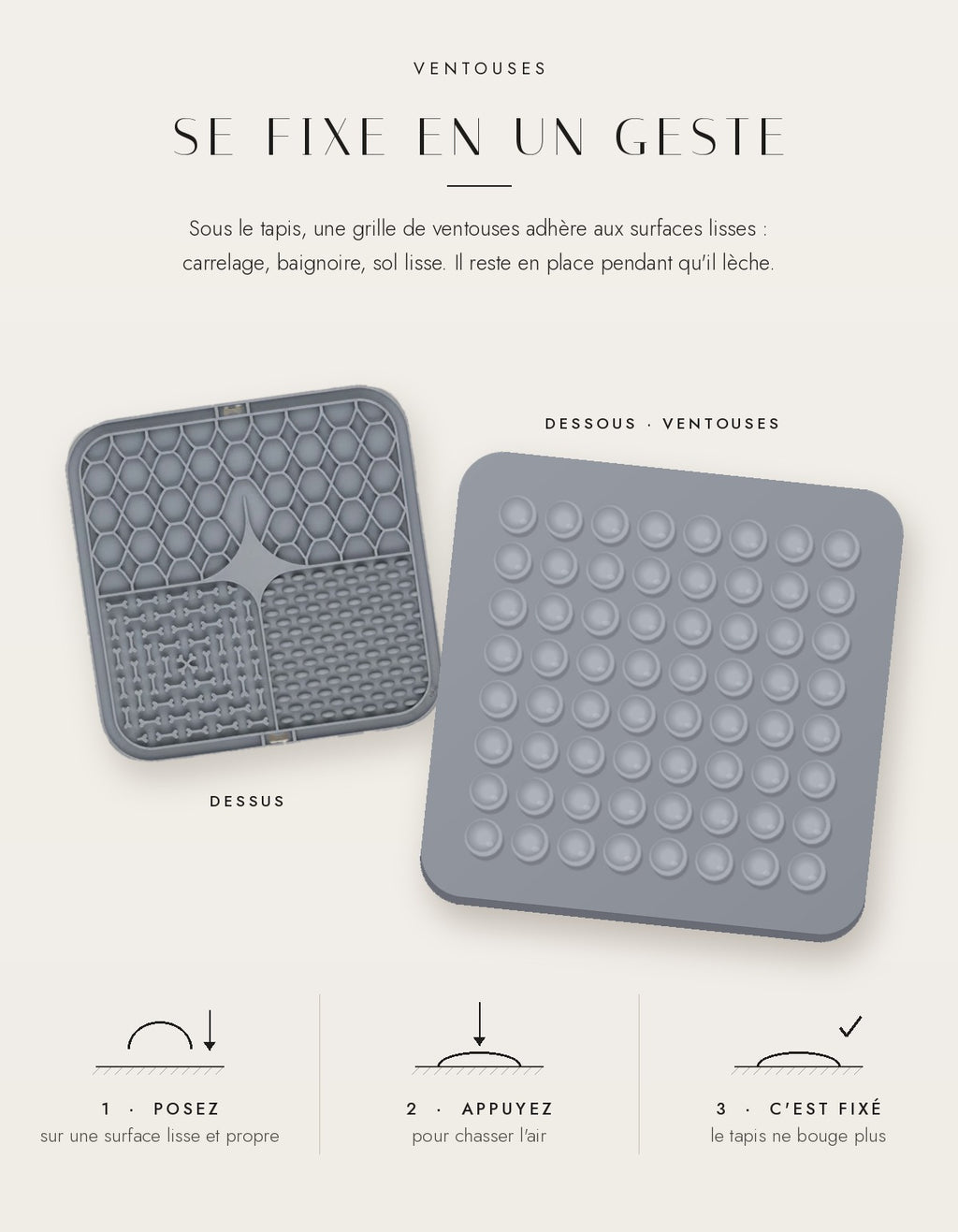 Dessus et dessous du tapis de léchage : grille de ventouses qui se fixent sur les surfaces lisses