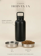 Principe 3 en 1 : gourde isotherme 950 ml et deux gamelles inox pour l'eau et les croquettes