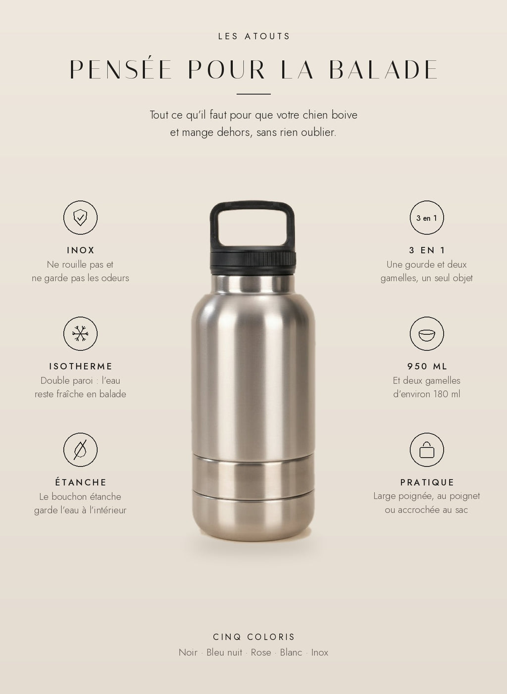 Les atouts de la gourde Nomade : inox, isotherme, bouchon étanche, 3 en 1, 950 ml, large poignée