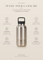 Les atouts de la gourde Nomade : inox, isotherme, bouchon étanche, 3 en 1, 950 ml, large poignée