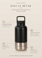 Gourde Nomade dans le détail : bouchon étanche, double paroi inox isotherme, deux gamelles inox d'environ 180 ml