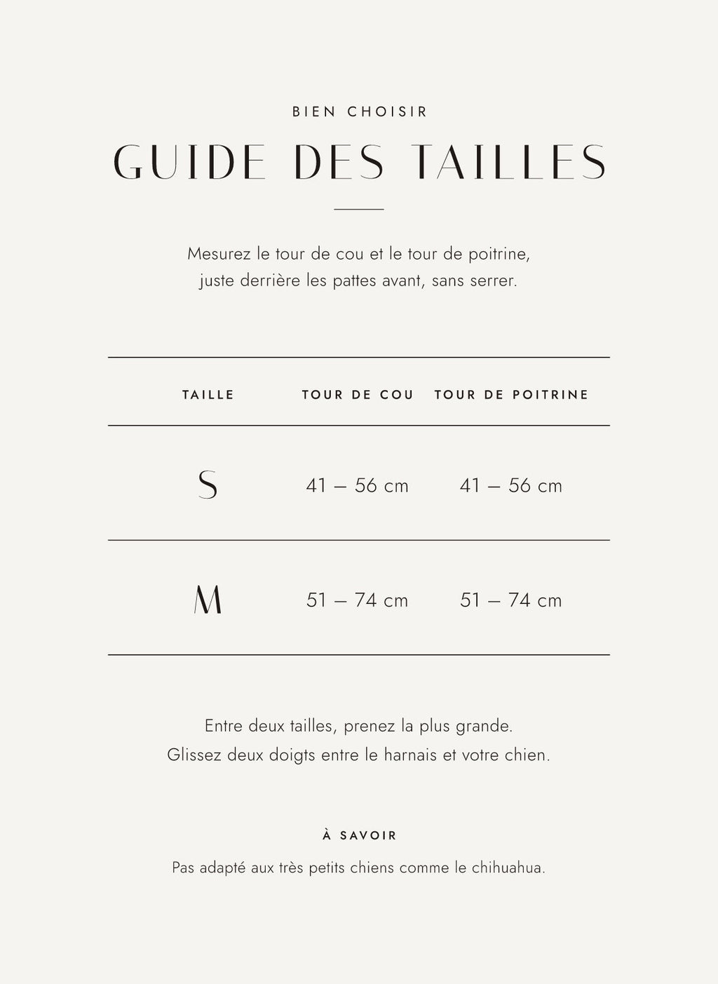 Guide des tailles du harnais Sellier : S 41-56 cm, M 51-74 cm