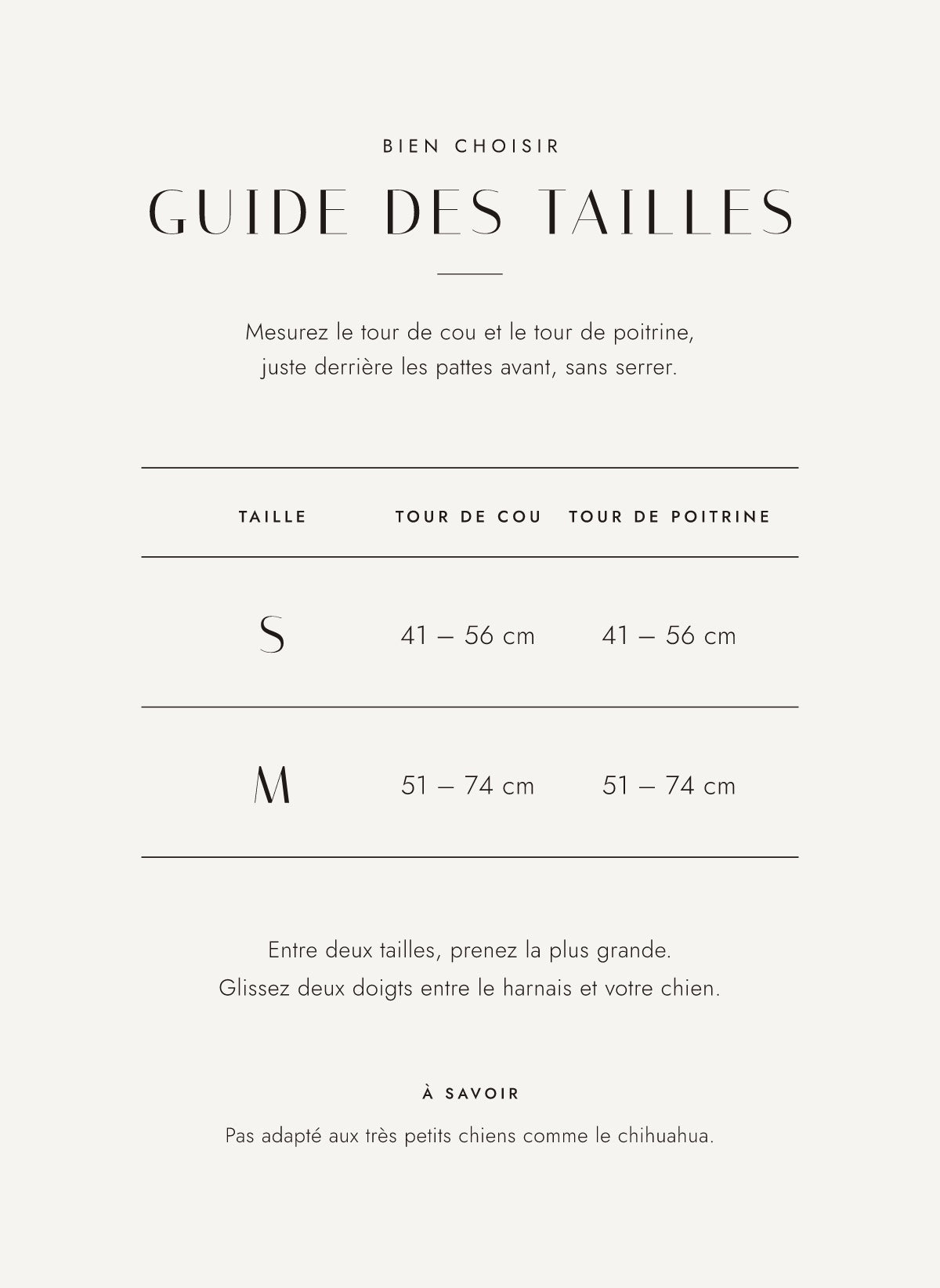 Guide des tailles du harnais Sellier : S 41-56 cm, M 51-74 cm