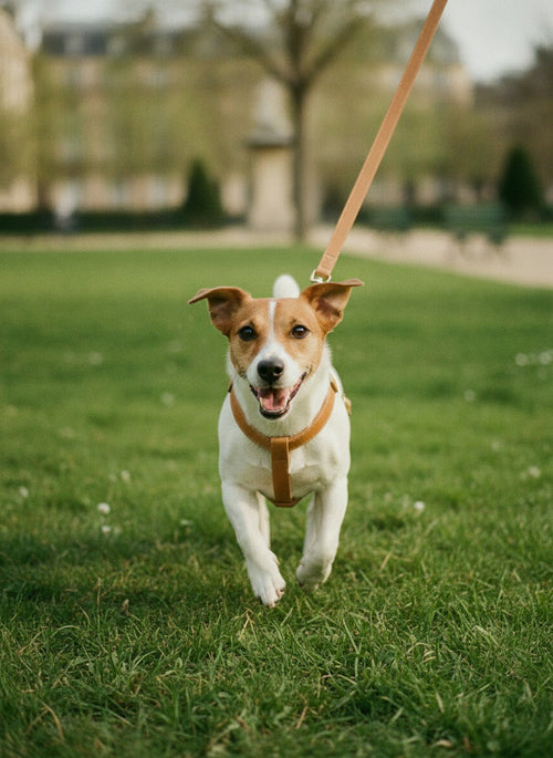 Jack Russell qui court au parc avec le harnais Sellier en Y camel et sa laisse assortie