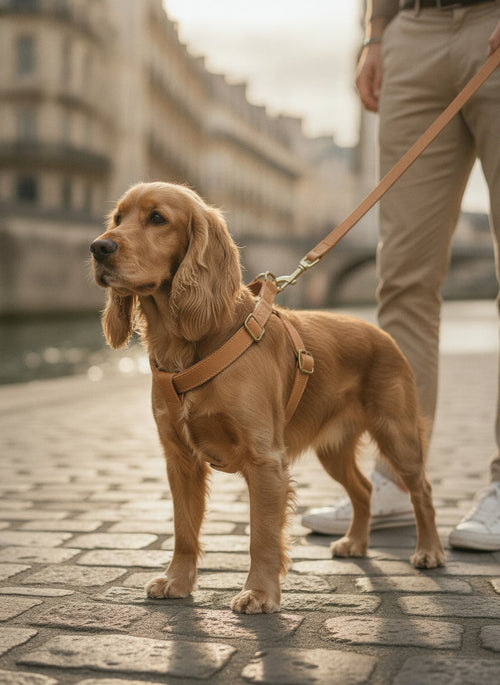 Cocker en balade sur les quais avec son maître, laisse camel accrochée au harnais Sellier en Y