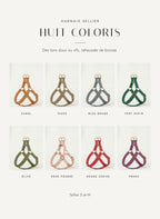 Les huit coloris du harnais Sellier : camel, taupe, bleu orage, vert sapin, olive, rose poudré, rouge cerise, prune