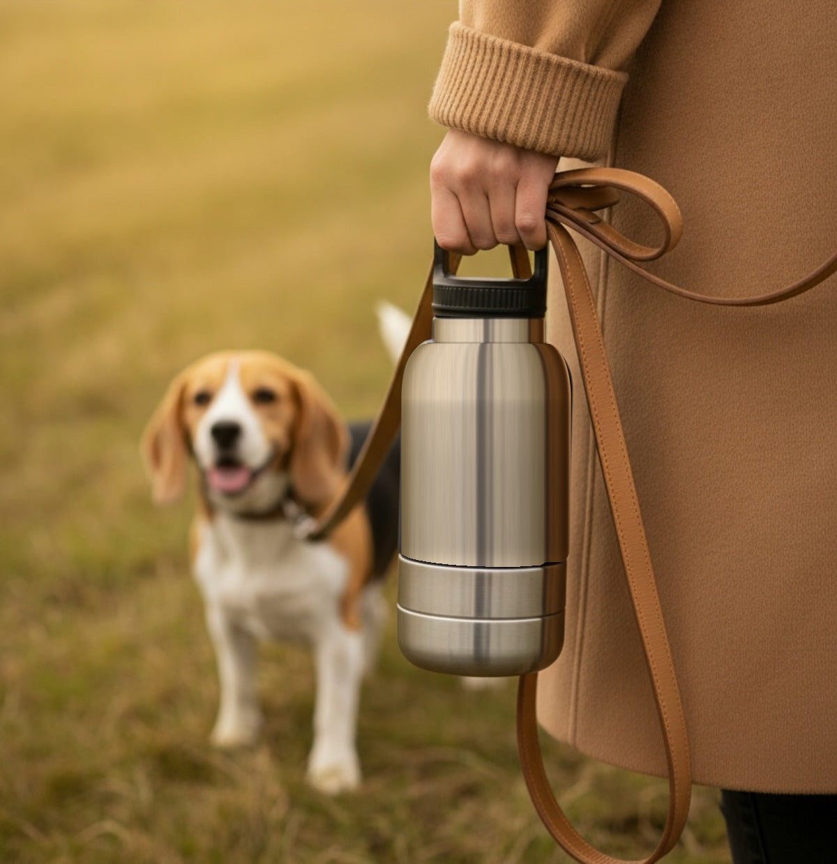 Promenade avec un beagle, gourde-gamelle Nomade inox portée à la main