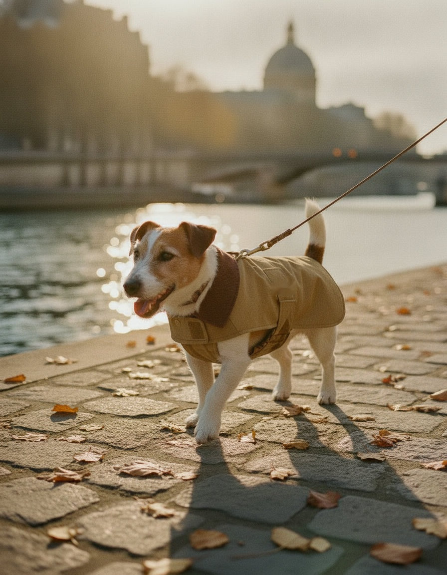 Jack russell en balade sur les quais de Seine, manteau Barn kaki