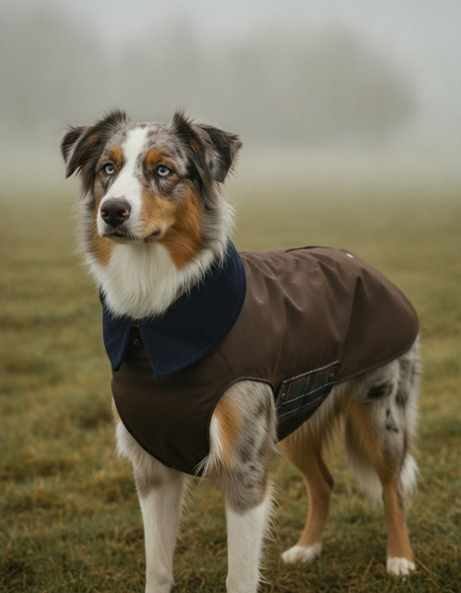 Berger australien dans un pré brumeux, manteau Barn marron