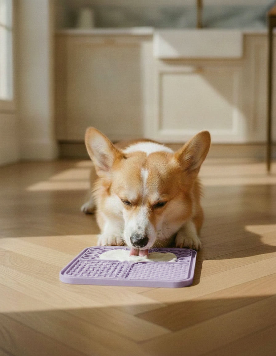 Corgi occupé par le tapis de léchage lilas