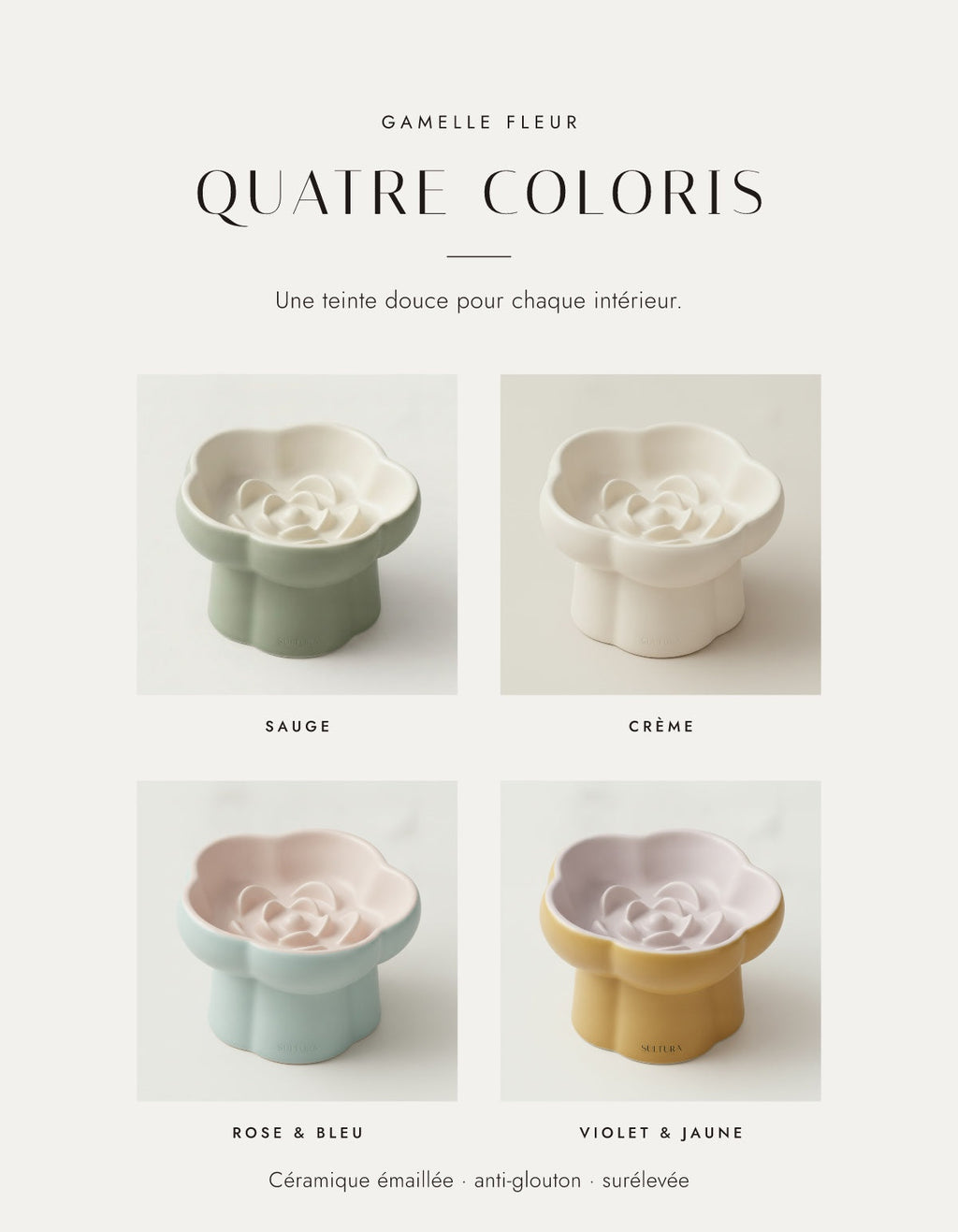 Les quatre coloris de la gamelle Fleur : sauge, crème, rose & bleu, violet & jaune