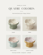 Les quatre coloris de la gamelle Fleur : sauge, crème, rose & bleu, violet & jaune